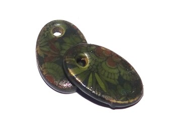 Ceramic Patterned Earring Charms Pair Beads Handmade Rustic 18mm CC1-2