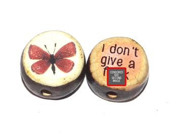 1 Ceramic Double Sided Quote Bead Porcelain Handmade Adult 19mm BB4-1