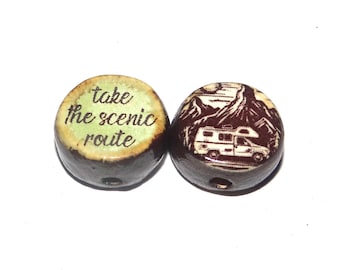 1 Ceramic Camper Van Adventures Double Sided Quote Bead Porcelain Handmade 13mm BB5-2