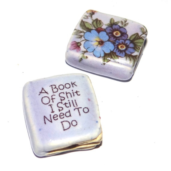 Ceramic Book Bead Focal Handmade Rustic Floral Quote Word Sculpture Porcelain 25mm