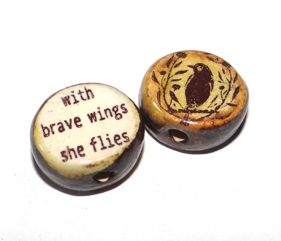 1 Ceramic Double Sided Quote Bead Porcelain Handmade 18mm Bird