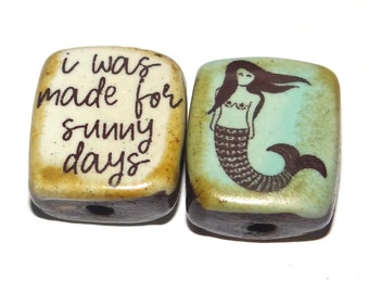 1 Ceramic Mermaid Bead Double Sided Quote Beads Porcelain Handmade  20mm