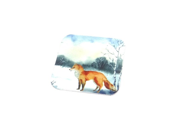 Faux Tin Fox Winter Snow Scene Charm Pendant Handmade 25mm 1" Square MSQ4-1