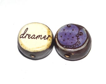 1 Ceramic Two Sided Quote Bead Flower Porcelain Handmade  16-18mm PP6-2