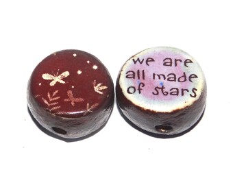 1 Ceramic Moth Stars Double Sided Quote Bead Handmade 13mm BB3-3