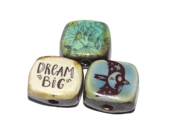 Ceramic Bird Quote Bead Set Porcelain Handmade 14mm CC3-2