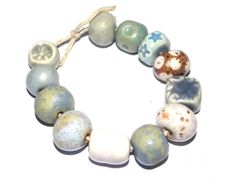 Ceramic Bead Set Textured Glazed Pottery Clay Handmade 8-15mm