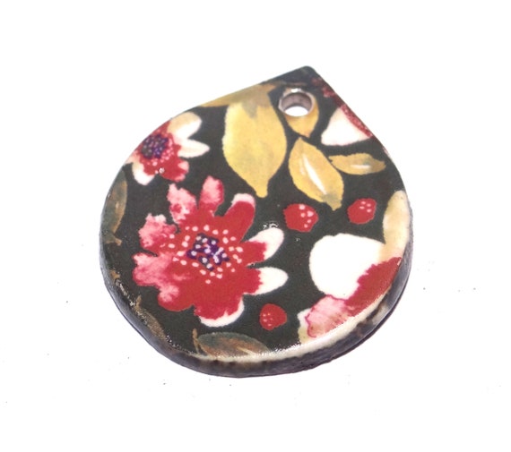 Ceramic Floral Pendant Handmade Focal Porcelain 30mm CC6-3