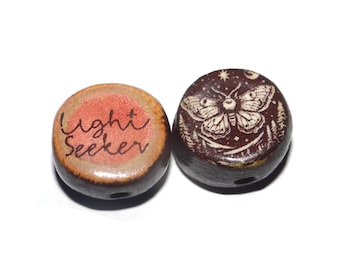 1 Ceramic Moth Double Sided Quote Bead Porcelain Handmade 13mm BB8-1