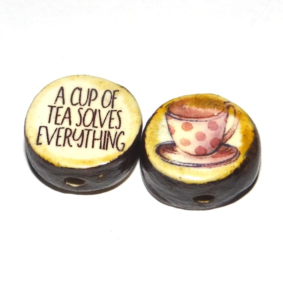 1 Ceramic Double Sided Quote Bead Porcelain Handmade  18mm CC9-3