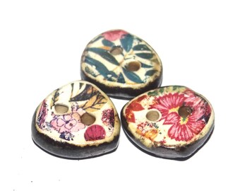 Ceramic Floral Patterned Buttons Handmade Unique Rustic 13-15mm CC9-1