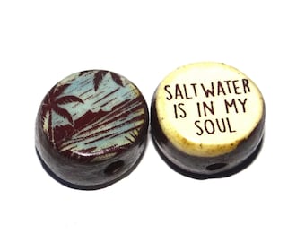 1 Ceramic Double Sided Quote Bead Porcelain Handmade 15mm BB8-4
