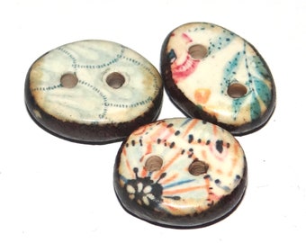 Ceramic Floral Patterned Buttons Porcelain Handmade Unique Rustic 15mm CC8-2