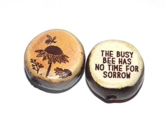 1 Ceramic Two Sided Quote Bead Porcelain Handmade 18mm BB5-2