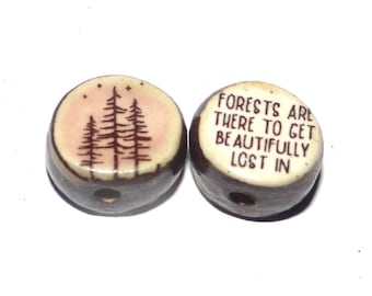 1 Ceramic Forest Double Sided Quote Bead Porcelain Handmade 13mm BB8-4
