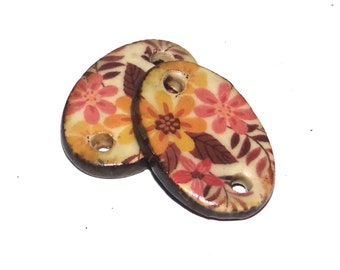 Ceramic Floral Patterned Oval Charms Beads Pair Porcelain 23mm PP1-4