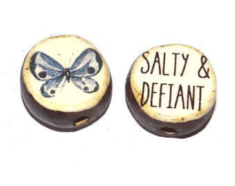 1 Ceramic Two Sided Quote Bead Butterfly Porcelain Handmade  20mm PP5-1