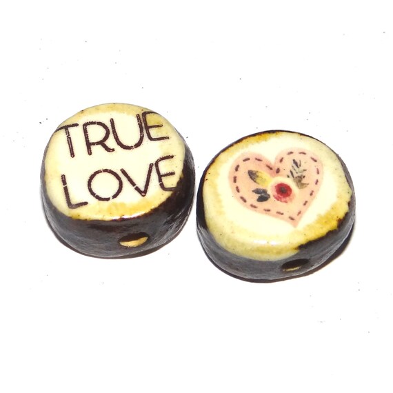 1 Ceramic Double Sided Quote Bead Porcelain Handmade  18mm CC9-3