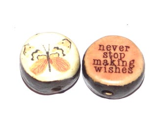 1 Ceramic Two Sided Quote Bead Butterfly Porcelain Handmade  16-18mm BB4-2