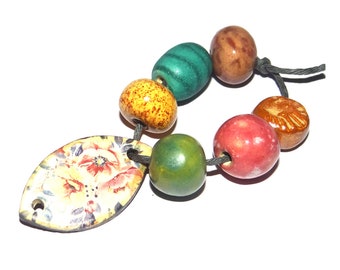 Ceramic Floral Pendant Bead Set Handmade Ceramic 12-15mm