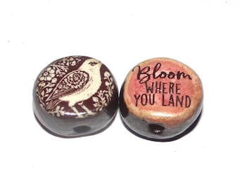 1 Ceramic Double Sided Quote Bead Porcelain Handmade 13mm BB3-4