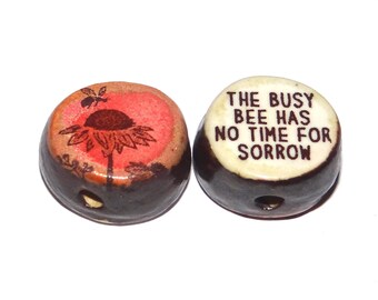 1 Ceramic Bee Double Sided Quote Bead Porcelain Handmade 15mm BB6-4