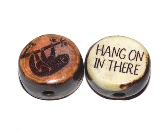 1 Ceramic Sloth Double Sided Quote Bead Porcelain Handmade 15mm BB5-4