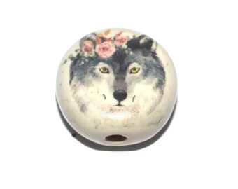 Ceramic Wolf Focal Bead Handmade Pottery Beads 17mm PP6-1
