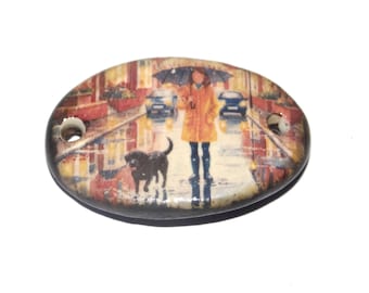 Ceramic Rainy Dog Walk Bracelet Bar Cuff Porcelain 30mm CC6-4