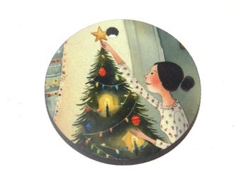 Wooden Two Sided Christmas Tree Pendant Handmade 30mm MM3-4