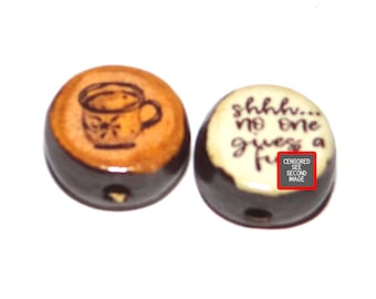 1 Ceramic Coffee Attitude Double Sided Quote Bead Porcelain Handmade 15mm BB5-3