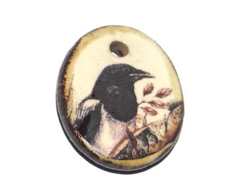 Small Ceramic Magpie Pendant Charm Handmade Focal Porcelain 20mm BB7-3
