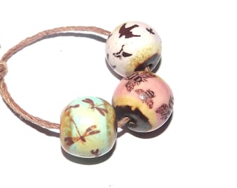 Ceramic Flight Bead Trio Bird Bee Dragonfly Porcelain Handmade 11mm CC3-2