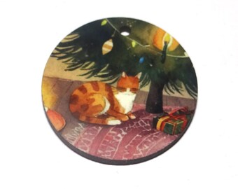 Wooden Two Sided Cat Christmas Tree Pendant Handmade 30mm MM3-4