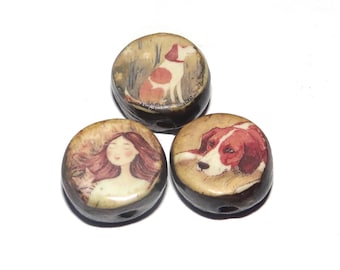 Ceramic Woman & her Dog Beads Porcelain Handmade 14mm CC3-1