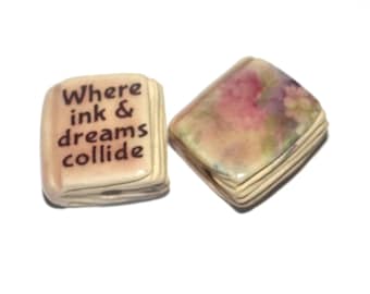 Ceramic Book Bead Focal Handmade Rustic Floral Quote Word Sculpture Porcelain 22mm