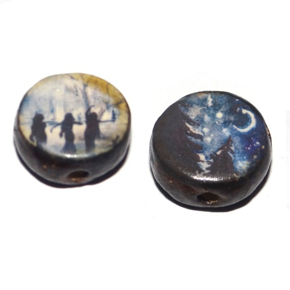 1 Ceramic Double Sided Forest Bead Porcelain Handmade 18mm PP4-4