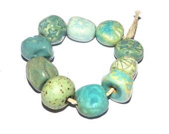 Ceramic Bead Set Textured Glazed Pottery Clay Handmade 8-15mm