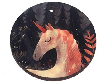 Wooden Two Sided Unicorn Pendant Porcelain Handmade 30mm MM10-4