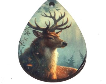 Wooden Two Sided Deer Stag Pendant Porcelain Handmade 45mm MM9-2