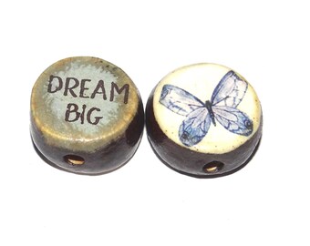 1 Ceramic Two Sided Quote Bead Butterfly Porcelain Handmade  16-18mm BB4-2