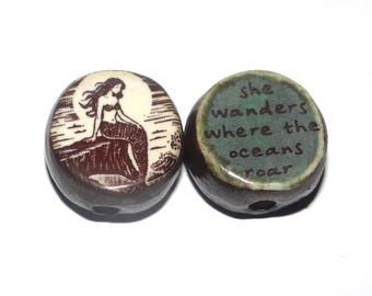 1 Ceramic Mermaid Double Sided Quote Bead Porcelain Handmade 18mm BB6-4