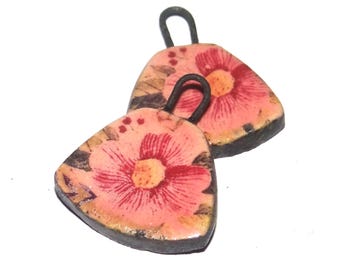 Ceramic Pink Flower Charms Beads Pair Porcelain 18mm CC10-4
