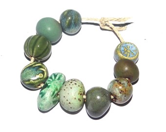 Ceramic Bead Set Textured Glazed Pottery Clay Handmade 8-15mm