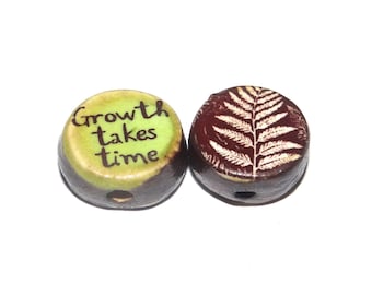 1 Ceramic Leaf Fern Growth Double Sided Quote Bead Porcelain Handmade 13mm BB4-3