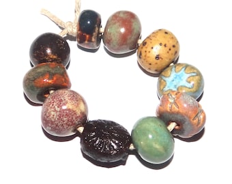 Ceramic Bead Set Patterned Textured Handmade Porcelain 8-15mm