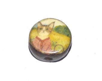Ceramic Cat Focal Bead Handmade Pottery Beads 16-18mm BB1-3