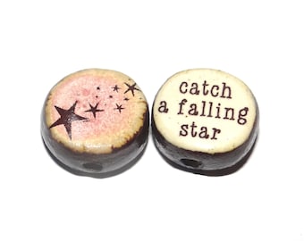 1 Ceramic Star Double Sided Quote Bead Porcelain Handmade 13mm BB9-4
