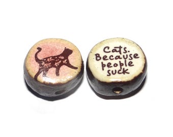 1 Ceramic Cat Double Sided Quote Bead Porcelain Handmade 13mm BB8-2