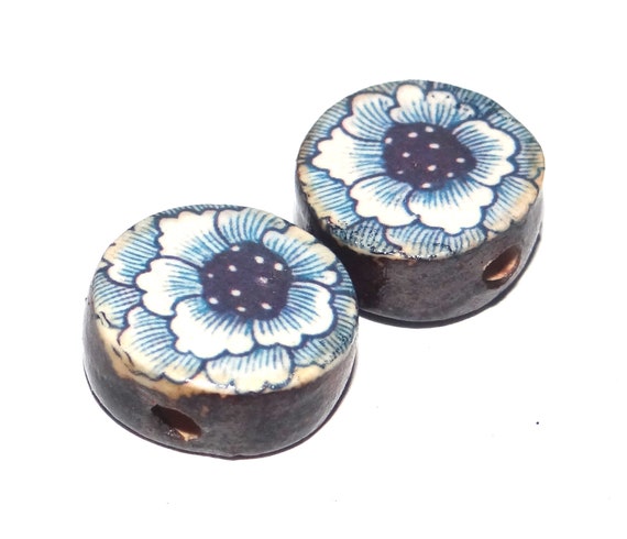 Ceramic Floral Earring Bead Pair Beads Handmade Rustic 14mm CC1-1